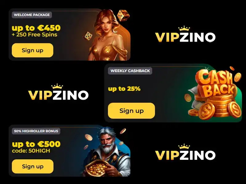 Vipzino Casino welcome bonus package with free spins and deposit match