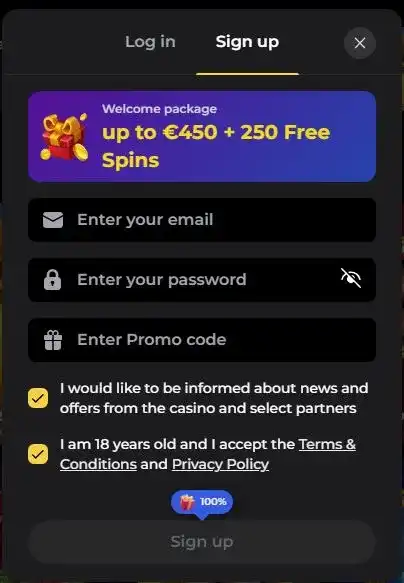 Vipzino Casino registration form screenshot